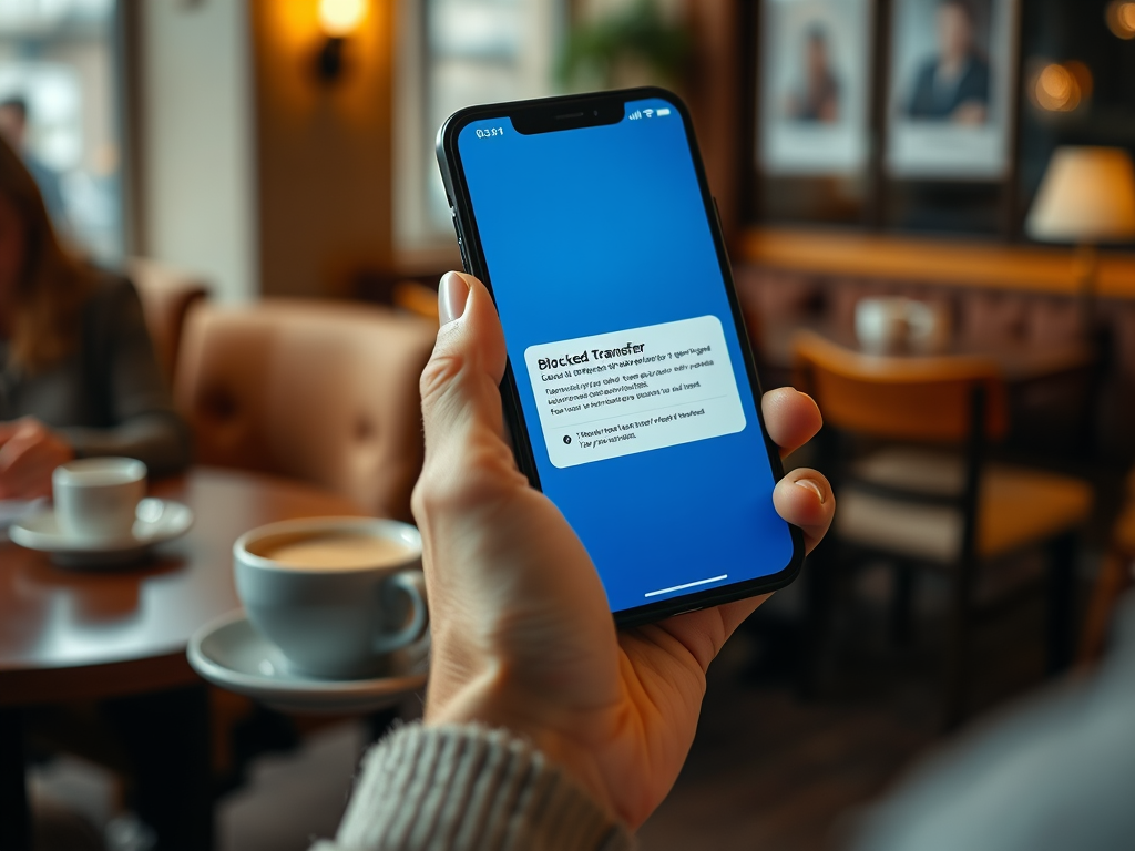 На экране телефона сообщение о заблокированной транзакции в кафе с чашкой кофе.